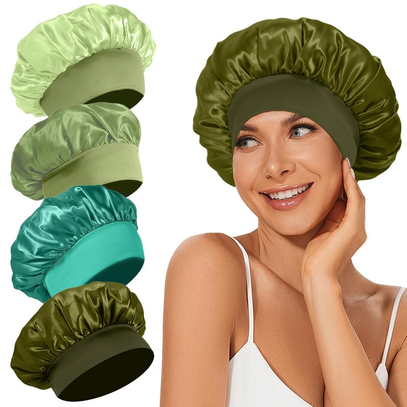 LEADUWAY 4Pcs Satin Bonnet Silk Bonnet, Hair Bonnet for Sleeping, Elastic Wide Band Silk Sleep Cap, Shower Cap Soft and Breathable (Green Series) - Image 1